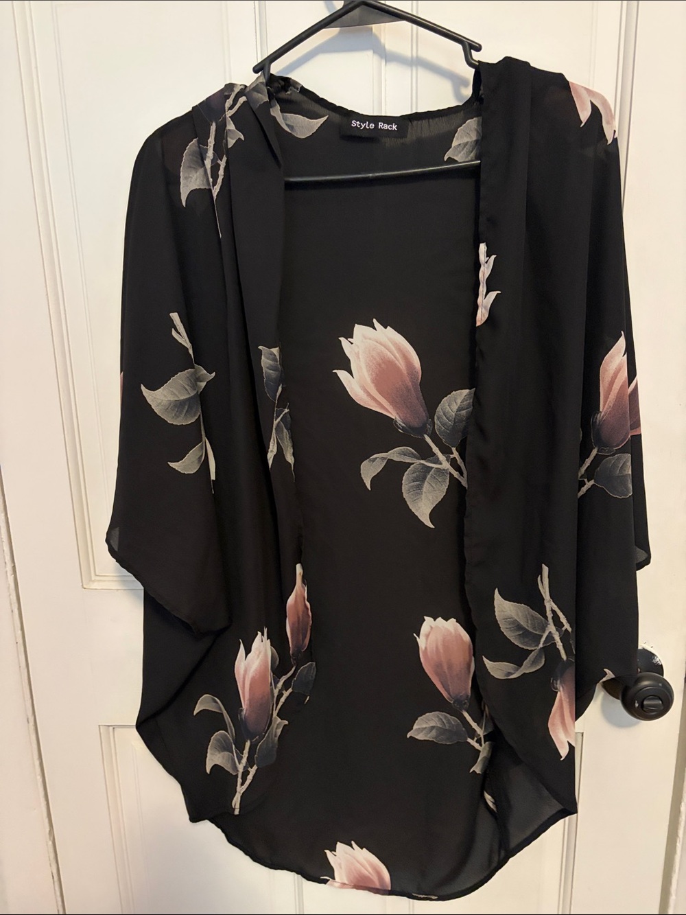 Style Rack Black Floral Open-Front Kimono with Blush Pink Blooms